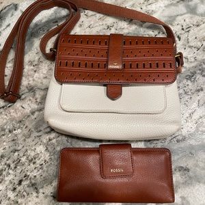 New WOT fossil off-white and tan leather cross body with matching wallet